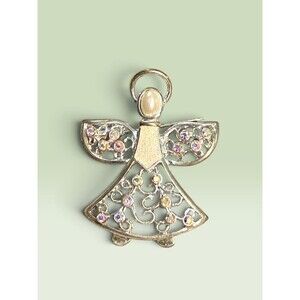 Vintage Angel Brooch Pin Silver Tone AB Rhinestones Faux Pearl Christmas Holiday